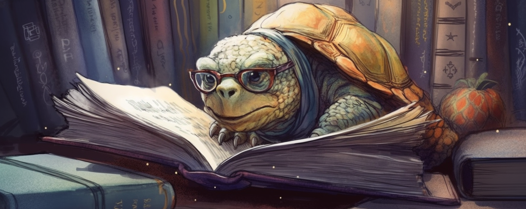 An_old_tortoise_wearing_reading_glasses_is_reading_a_book